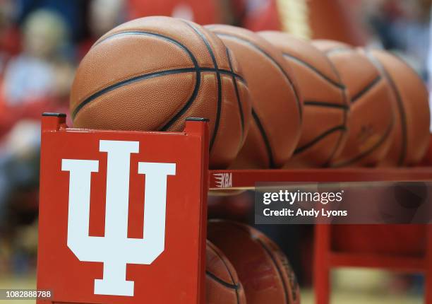 Rack of basketballs at the Indiana Hoosiers games against the Nebraska Cornhuskers at Assembly Hall on January 14, 2019 in Bloomington, Indiana.