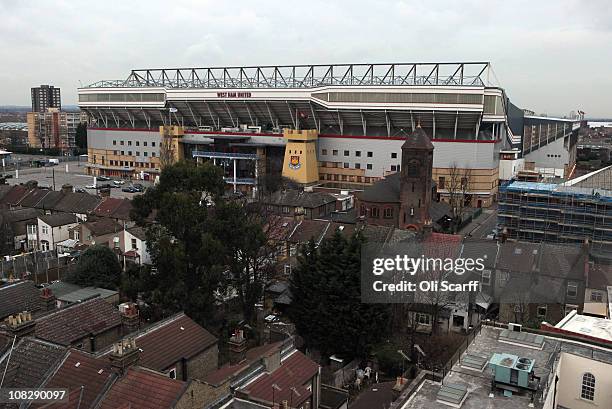 West Ham United football club's Upton Park stadium in east London on January 24, 2011 in London, England. West Ham and Tottenham Hotspur Premier...
