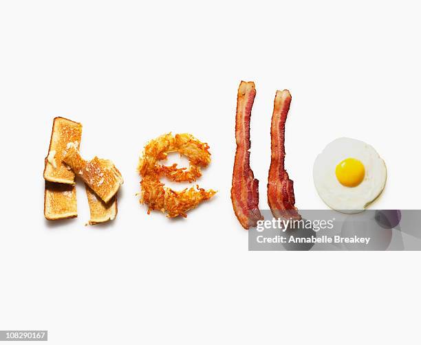 'hello' written with breakfast food - fun text stock-fotos und bilder