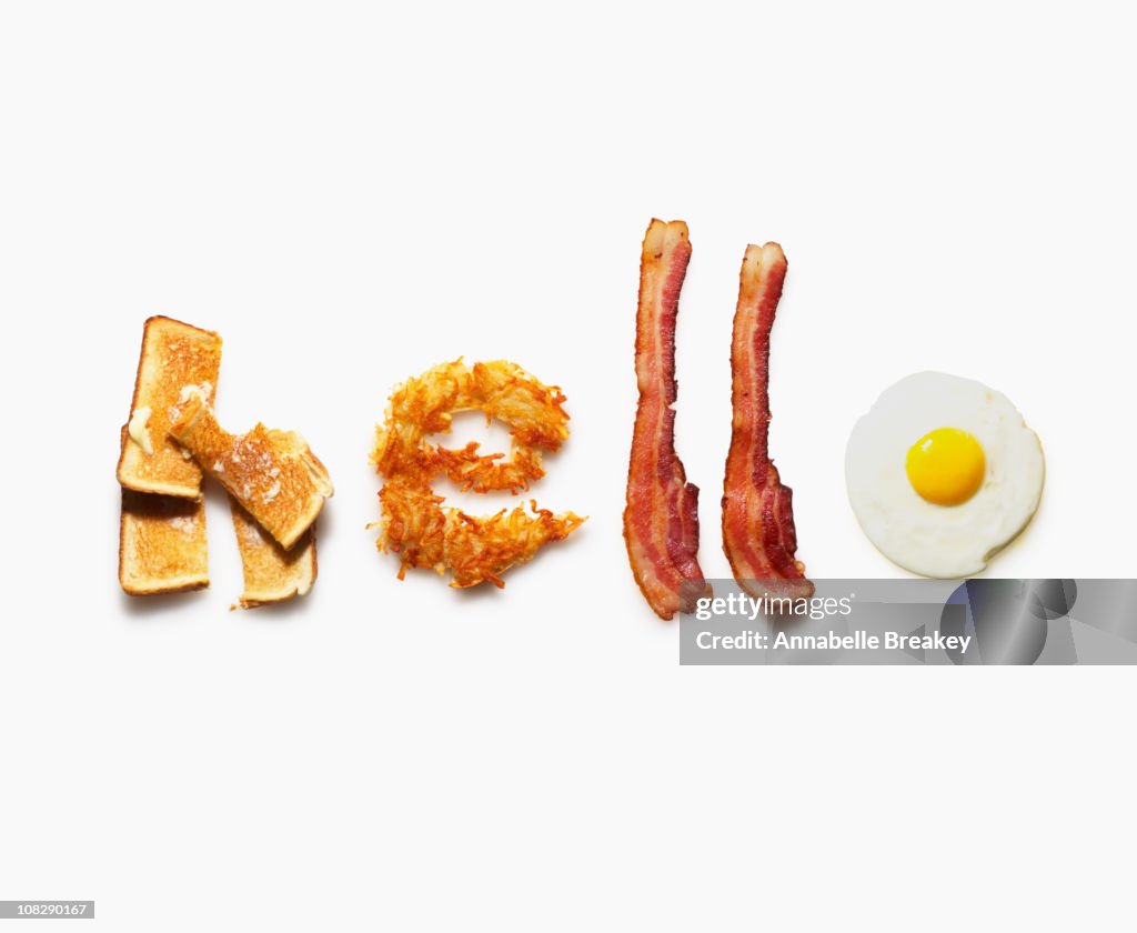 'Hello' written with breakfast food