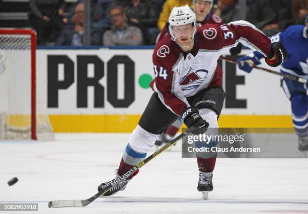 Carl Soderberg of the Colorado Avalanche skates after the puck against the Toronto Maple Leafs during an NHL game at Scotiabank Arena on January 14,...