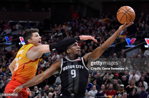 Langston Galloway of the Detroit Pistons goes to the basket past Kyle Korver of the Utah Jazz in the first half of a NBA game at Vivint Smart Home...