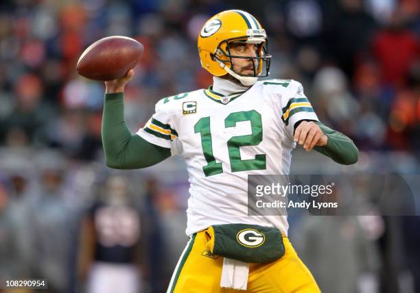 Quarterback Aaron Rodgers of the Green Bay Packers throws a pass in the second half against the Chicago Bears in the NFC Championship Game at Soldier...