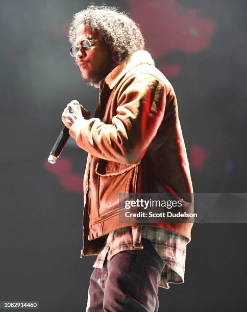 Rapper Ab-Soul performs onstage during day one of the Rolling Loud Festival at Banc of California Stadium on December 14, 2018 in Los Angeles,...
