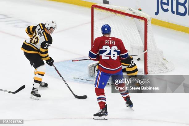 Jeff Perty of the Montreal Canadiens scores in overtime against the Boston Bruins at the TD Garden on January 14, 2019 in Boston, Massachusetts.