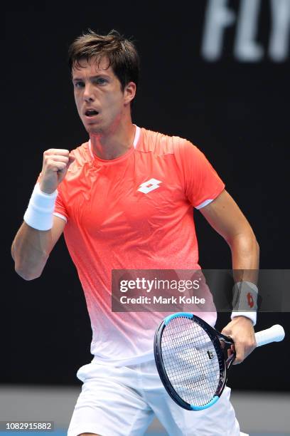 Aljaz Bedene of Slovenia celebrates a point in his first round match against Alexander Zverev of Germany during day two of the 2019 Australian Open...