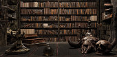 the wizard's room with library, old books, potion, and scary things 3d render