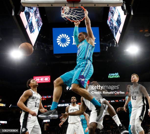 Miles Bridges of the Charlotte Hornets dunks against the San Antonio Spurs at AT&T Center on January 14, 2019 in San Antonio, Texas. NOTE TO USER:...