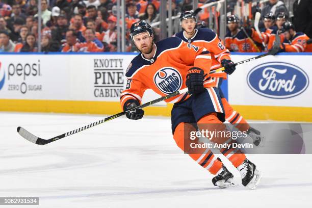 Kyle Brodziak of the Edmonton Oilers skates during the game against the Buffalo Sabres on January 14, 2019 at Rogers Place in Edmonton, Alberta,...