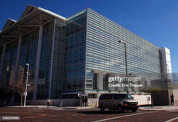 Van allegedly carrying Jared Lee Loughner departs a federal courthouse January 24, 2011 in Phoenix, Arizona. Loughner, the man accused of the January...