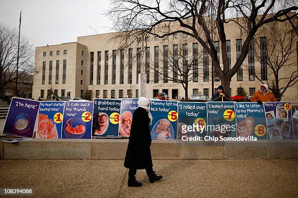 Anti-abortion demonstrators line up signs along Pennsylvania Avenue during the March for Life January 24, 2011 in Washington, DC. The annual march...