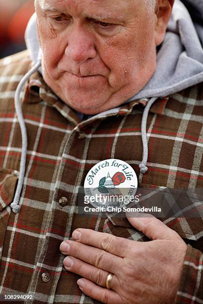 John Schirf of Chesterfield, Virginia, puts his hand over his heart as the national anthem is played during an anti-abortion rally ahead of the March...