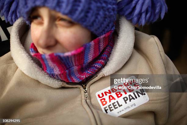 Rachel Eder of Quantico, Virginia, bundles up against frigid temperaturs during an anti-abortion rally ahead of the March for Life on the National...