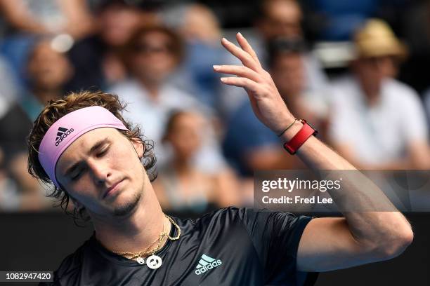 Alexander Zverev of Germany reacts in his first round match against Aljaz Bedene of Slovenia during day two of the 2019 Australian Open at Melbourne...