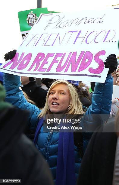 Pro-life activist holds up a sign in front of the U.S. Supreme Court after the annual March for Life January 24, 2011 in Washington, DC. The annual...