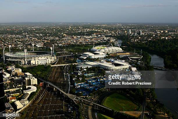 General view of Melbourne Park, AAMI Park, the MCG and Olympic Park during day eight of the 2011 Australian Open on January 24, 2011 in Melbourne,...
