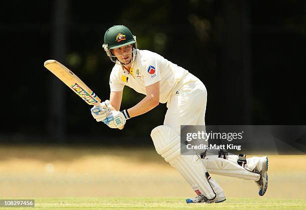 Alex Blackwell of Australia plays a leg side shot during day four of the Women's CBA Test match between Australia and England at Bankstown Oval on...