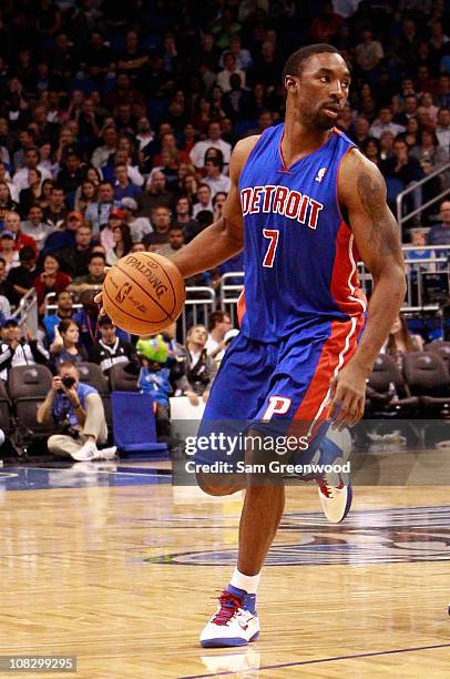 Ben Gordon of the Detroit Pistons sets up a play during the game against the Orlando Magic at Amway Arena on January 24, 2011 in Orlando, Florida....