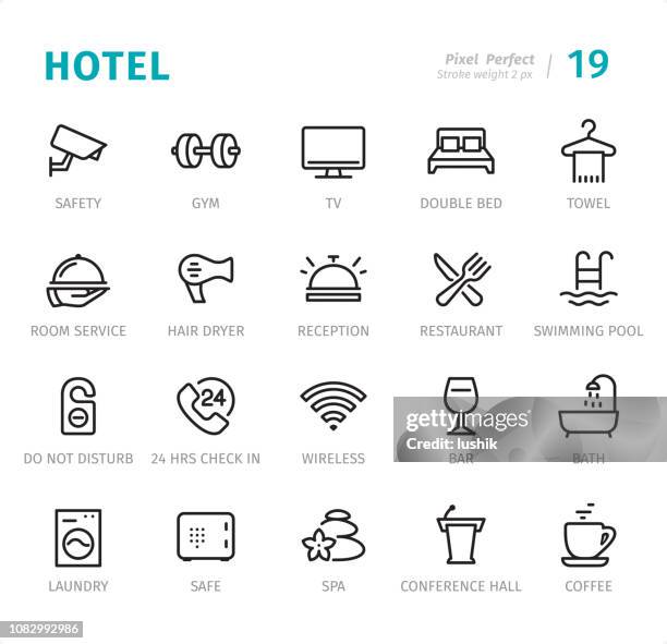 ホテルのサービス - キャプション付きピクセル完璧な線のアイコン - 24時間点のイラスト素材／クリップアート素材／マンガ素材／アイコン素材
