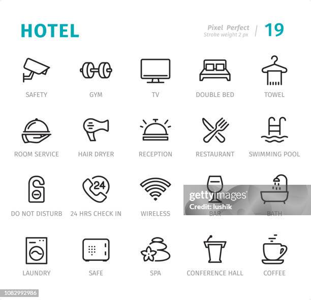bildbanksillustrationer, clip art samt tecknat material och ikoner med hotel service - pixel perfekt linje ikoner med bildtexter - hotell
