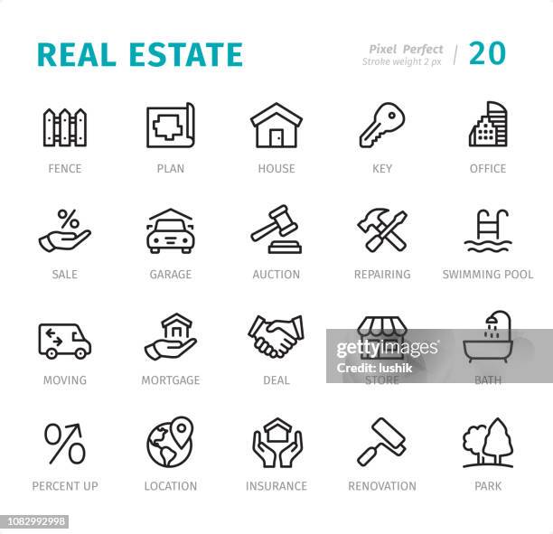 immobilien - pixel perfekte linie symbole mit bildunterschriften - property auction stock-grafiken, -clipart, -cartoons und -symbole