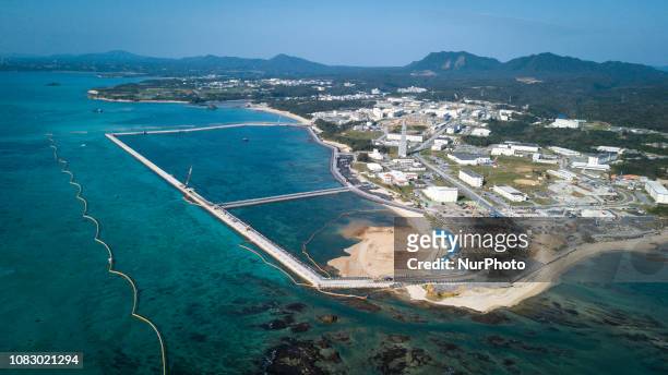 In this aerial image shows a landfill work preparing the area for the relocation of the U.S. Marine Corps Futenma Air Station in Henoko district of...