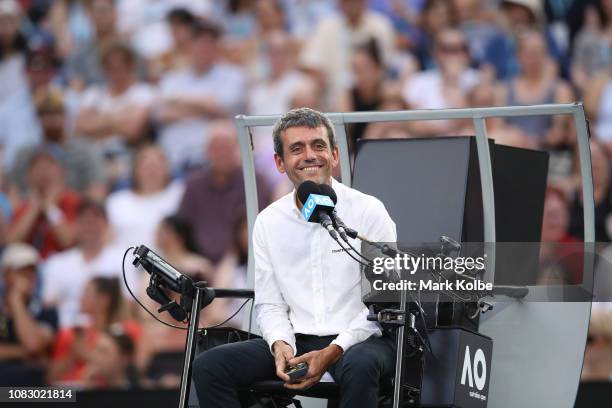 Portuguese chair umpire, Carlos Ramos looks on Rod Laver Arena during the first round match between Novak Djokovic of Serbia and Mitchell Krueger of...