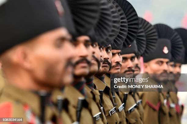 The Indian Army's Rajputana Rifles regiment marches during the Army Day parade in New Delhi on January 15, 2019. The Indian Army celebrated the 71st...
