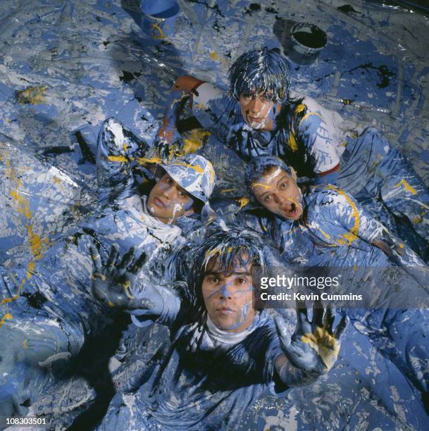 Manchester rock group The Stone Roses in a paint-spattered abstract expressionist romp, 5th November 1989. Clockwise, from top: guitarist John...