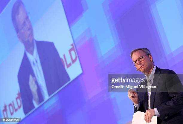 Google Chairman and CEO Eric Schmidt delivers the closing keynote speech at the Digital Life Design conference at HVB Forum on January 25, 2011 in...