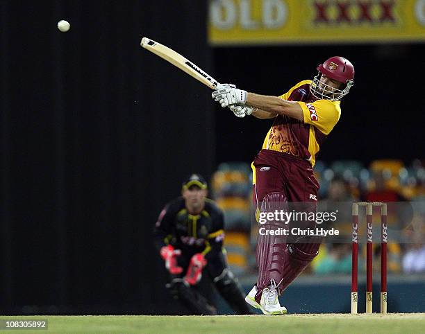 Nathan Readon of the Bulls bats during the Twenty20 Big Bash match between the Queensland Bulls and the Western Australia Warriors at The Gabba on...