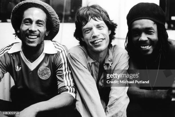 Bob Marley, Mick Jagger and Peter Tosh pose backstage at a Rolling Stones concert at the Palladium in New York, United States, 19th June 1978.