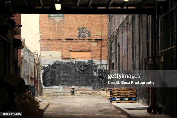 run-down back alley with fire hydrant against industrial wall. new york city - 路地 ストックフォトと画像