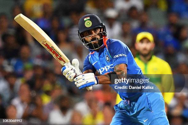 Virat Kohli of India bats during game two of the One Day International series between Australia and India at Adelaide Oval on January 15, 2019 in...