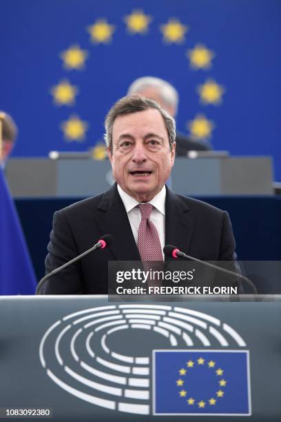 The President of the European Central Bank Mario Draghi speaks during a ceremony to commemorate the 20th anniversary of the launch of the Euro at the...