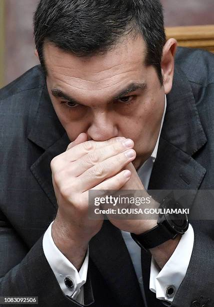 Greek Prime Minister Alexis Tsipras attends on January 15, 2019 at the Greek Parliament in Athens the start of a two-day debate on a confidence vote...