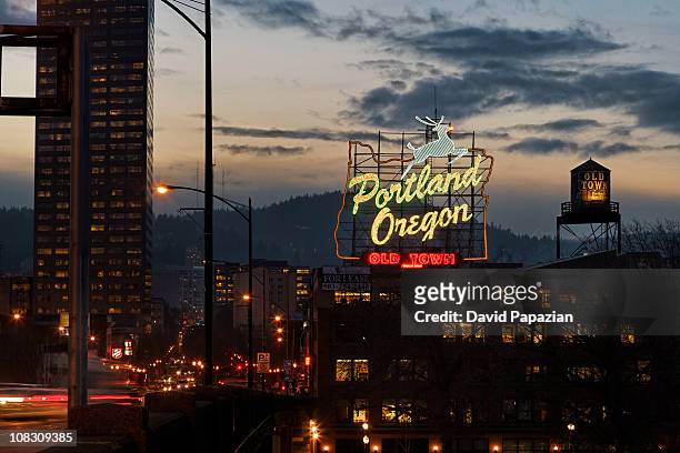 dusk shot of portland oregon neon sign, city - portland neon sign stock pictures, royalty-free photos & images