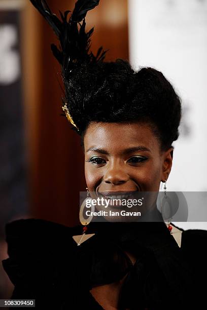 Singer Shingai Shoniwa of the Noisettes poses in the press room at the South Bank Sky Arts Awards at The Dorchester on January 25, 2011 in London,...