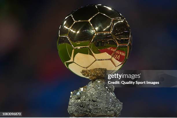Ballon d'Or trophy before the La Liga match between Real Madrid CF and Rayo Vallecano de Madrid at Estadio Santiago Bernabeu on December 15, 2018 in...
