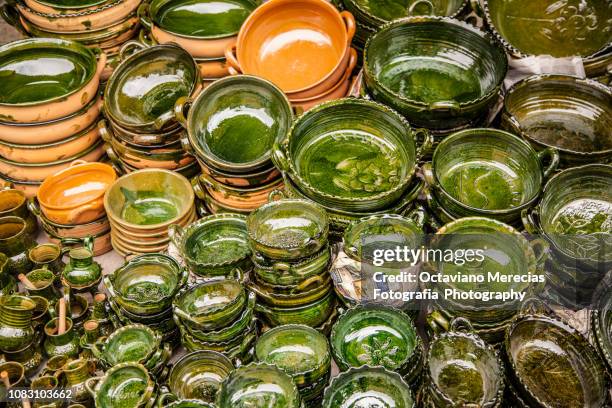 ollas de barro, clay pots at the tianguis/market of tlaxiaco, oaxaca, mixtec region. - oaxaca stock pictures, royalty-free photos & images