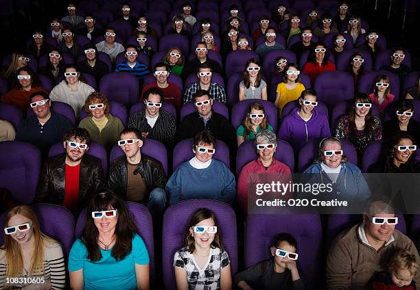 large audience in a movie theater - 3d glasses top view stock pictures, royalty-free photos & images