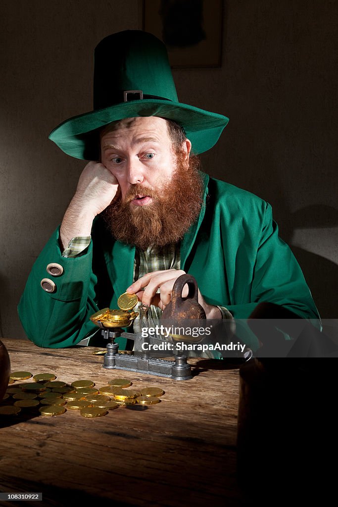 Sad leprechaun count coins