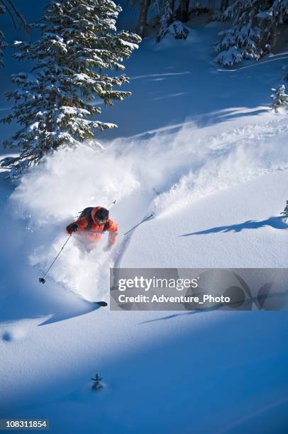 backcountry powder skier skis steep terrain - beaver creek colorado stock pictures, royalty-free photos & images