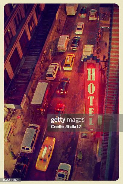vintage new york hotel postcard - taking a vintage ny taxi cab stock pictures, royalty-free photos & images