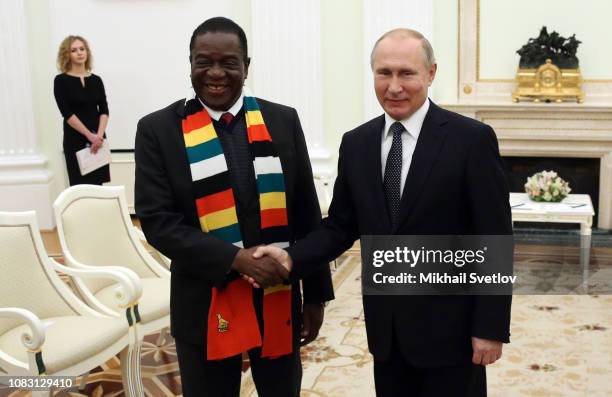 Russian President Vladimir Putin greets President of Zimbabwe Emmerson Mnangagwa during their meeting in Moscow, Russia, January 2019. Zimbabwe's...