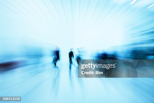 Silouettes Rushing Silhouettes Of Pedestrians Rushing In Blue Corridor Blurred Motion High ...