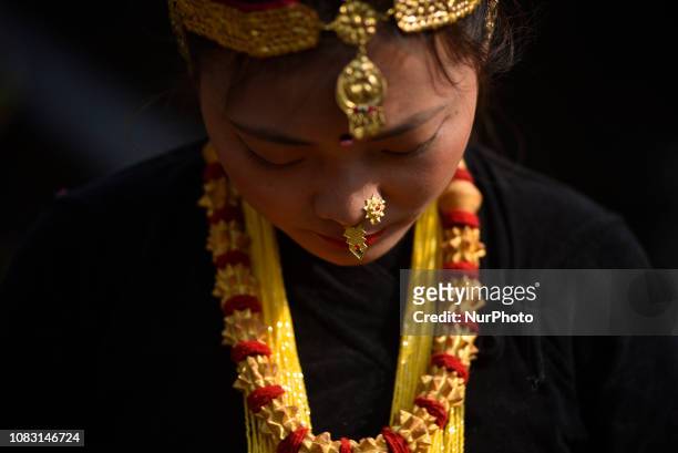 Portrait of Nepalese Tharu community girl in a traditional attire during the Maghi festival celebrations or the New Year of the Tharu community at...