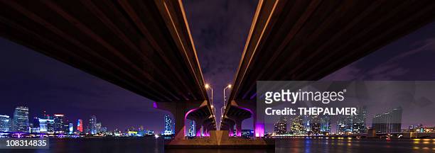 panorama of the macarthur causeway in miami - parallel stock pictures, royalty-free photos & images