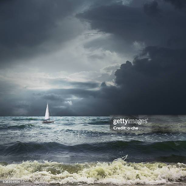 storm sea landscape with white ship - sailboat storm stock pictures, royalty-free photos & images