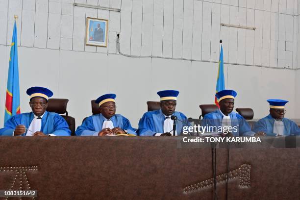 The five-judge bench led by Noel Funga of DR Congo's Constutional Court, is pictured in Kinshasa on January 15 during the opening of the hearing of...